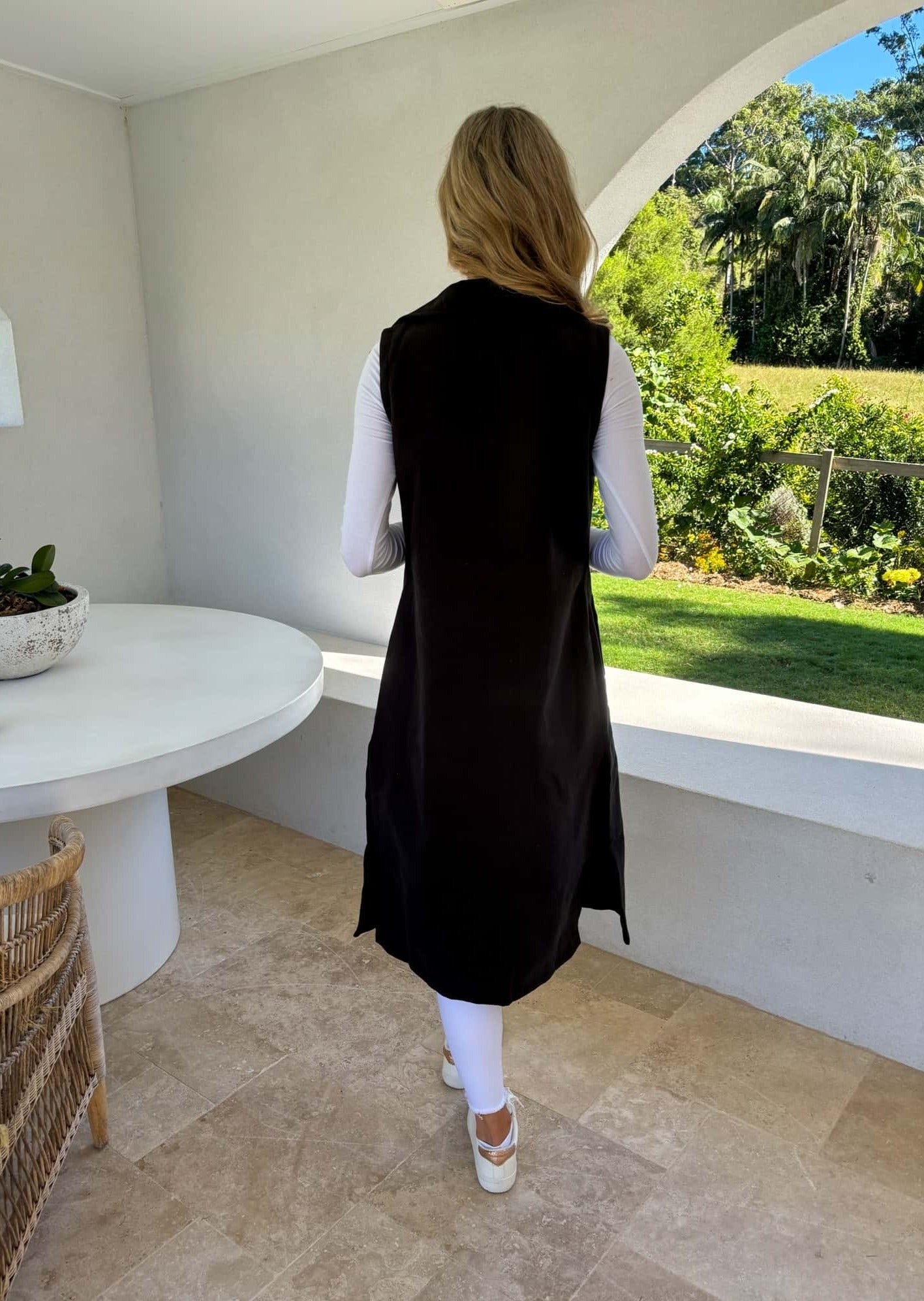 Sleeveless Mid-Length Cotton Alyce Vest - Back View - Mylk The Label