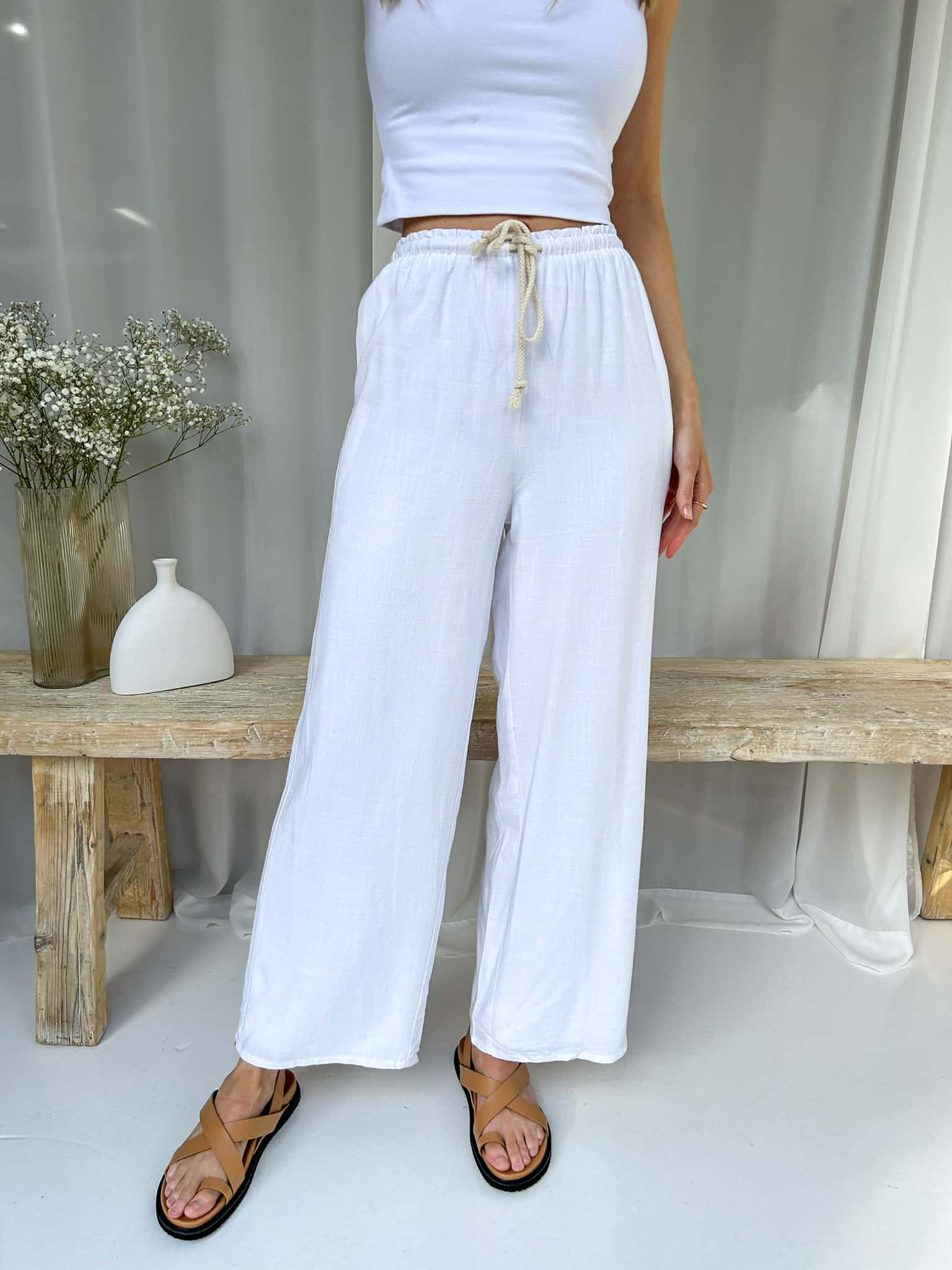 Linen Drawstring Pants - White