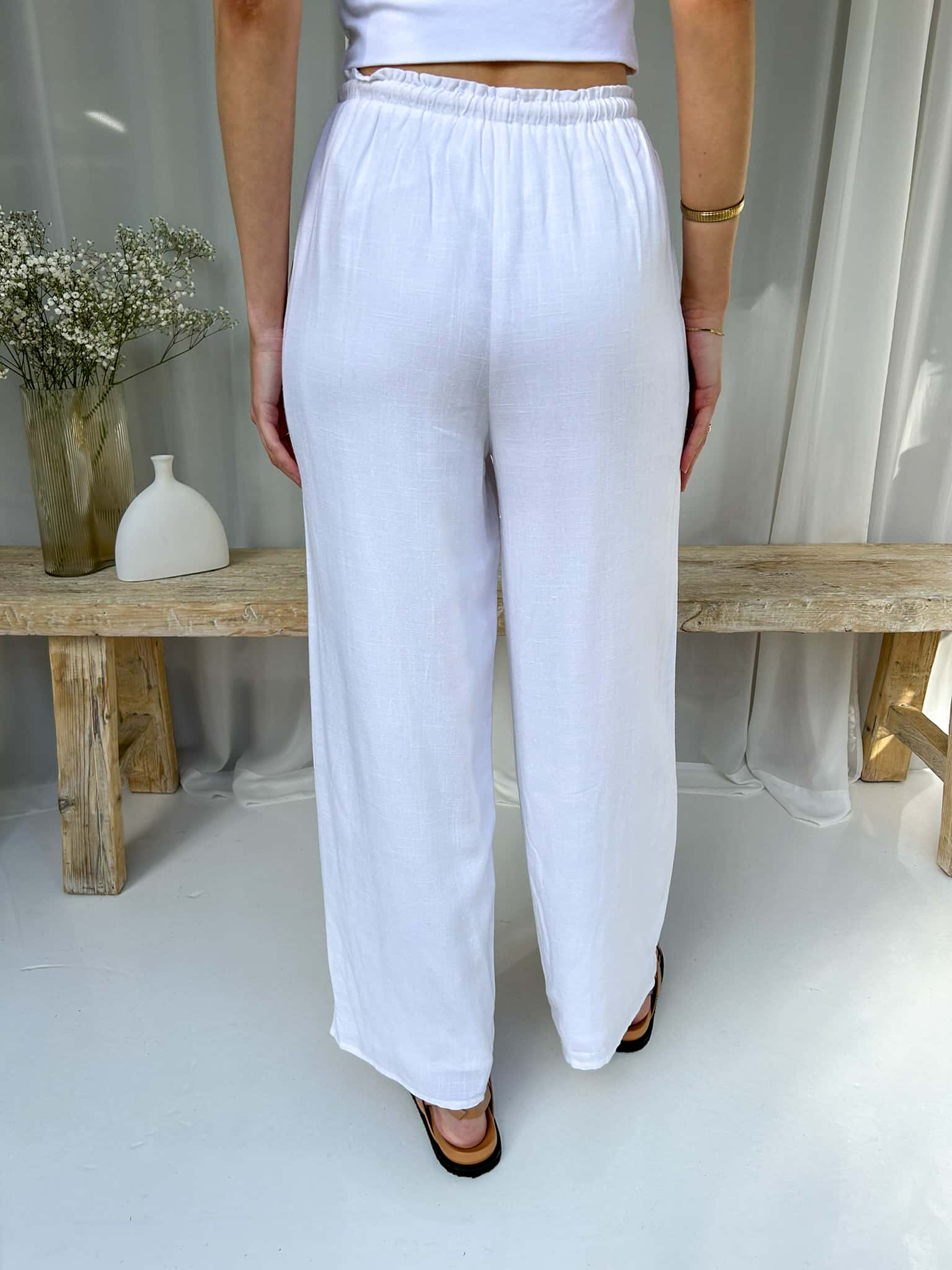 Linen Drawstring Pants - White