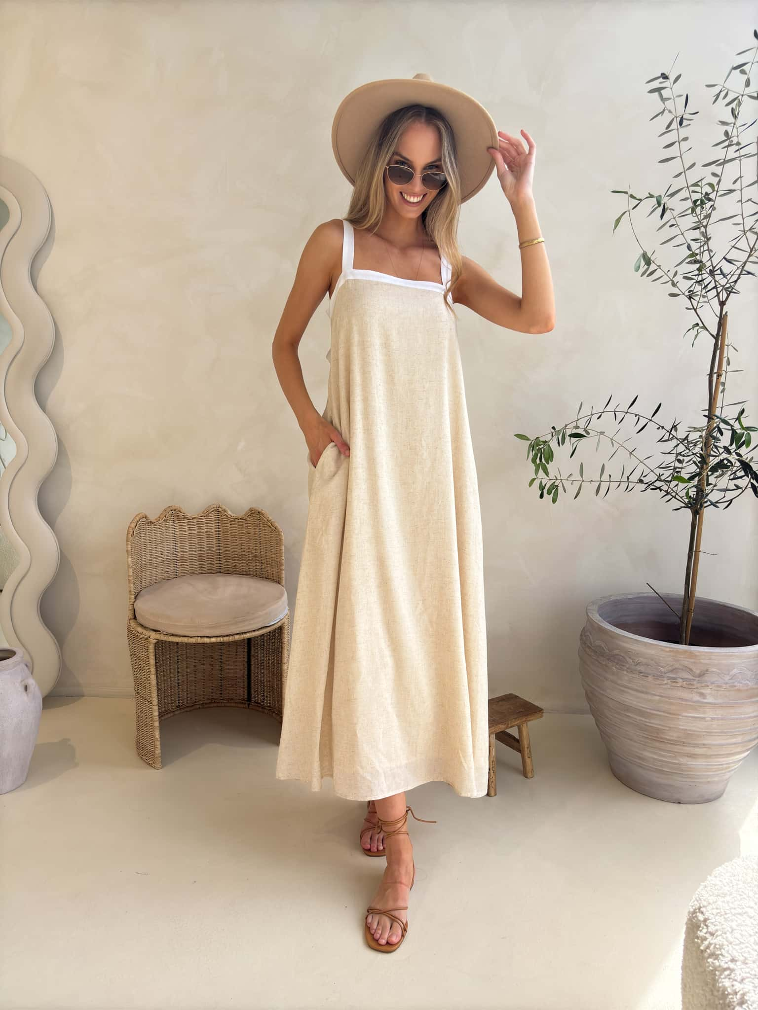 Kiki Maxi Dress - Natural w/ White Trim