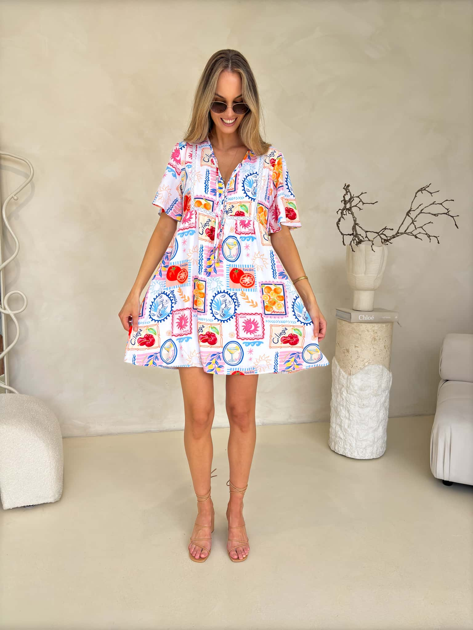 Sienna Dress - Travel Tales Print (White)