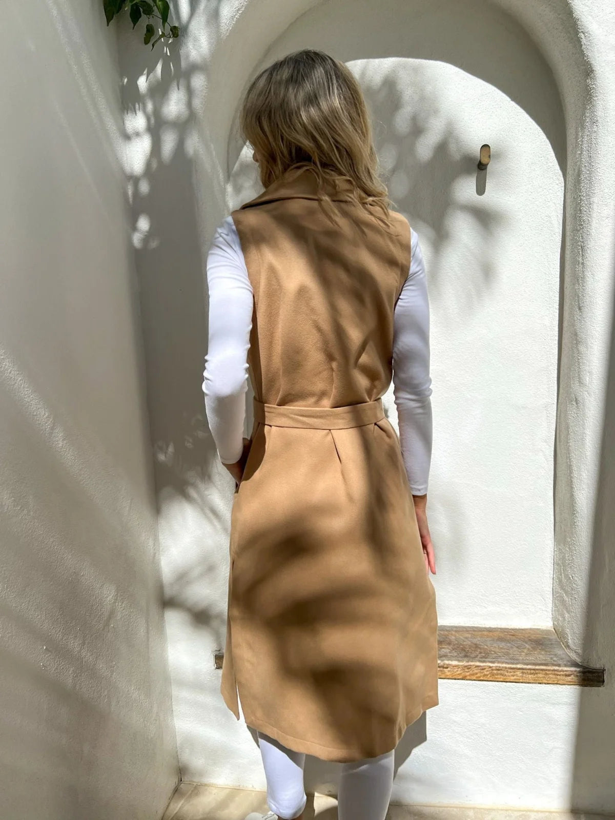 Alyce Vest in Tan back view -Mylk The Label