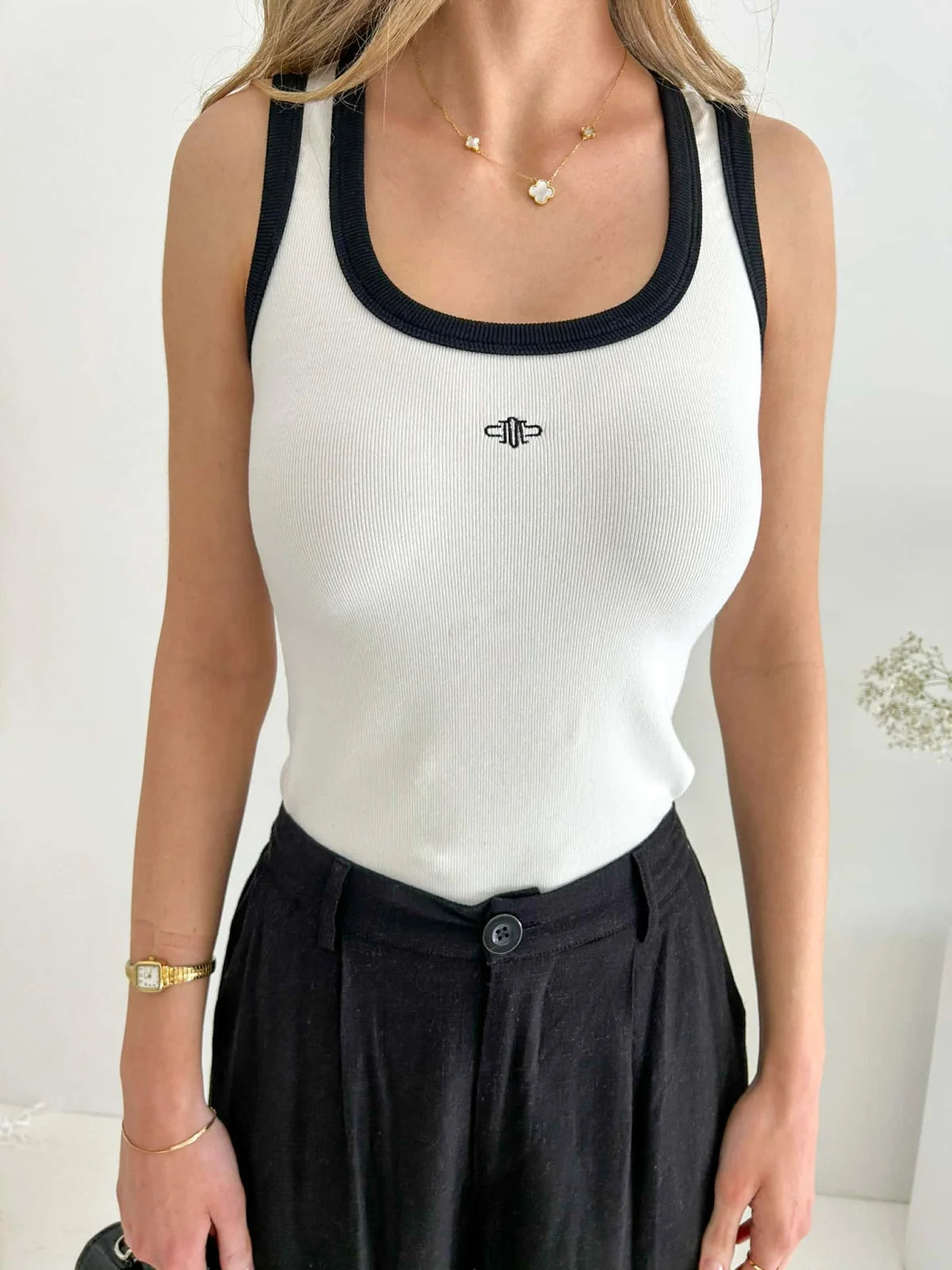 Lia Monogram Singlet - White Tops