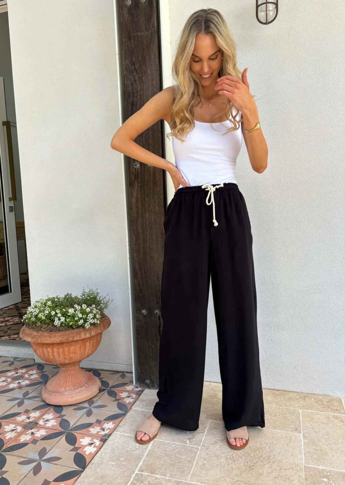 Linen Drawstring Pant - Black Bottoms