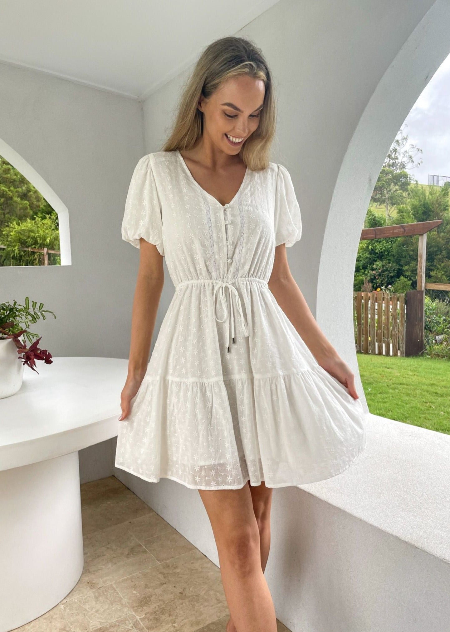 Jade Balloon Sleeve Dress - White Anglaise - Mylk The Label